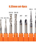 Top Tier Solid Carbide Cnc Router Bits Delivers Smooth Operation With Hardcore Grip Across Six And Six Point Three Five Millimeters Shank Profiles Features eight sharp end mill cutters in 6.35mm set.