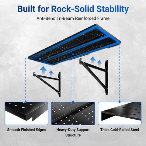 Two Pack 1x6ft Perforated Garage Shelving System With Beefy Duty Wall Shelves 1400 Lbs Total Load 700 Lbs Per Tier Two 1x3 Ft Shelves Per Tier Easy Mount Great For Quick No Nonsense Garage Organization. Perforated steel shelf frame with tri-beam support