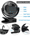 Portable Clip On Fan With Remote And Timer And LED Lights, 5.5 inch cover, clamp mount and USB ports, 12000mAh battery