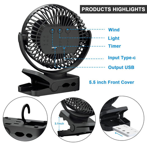 Portable Clip On Fan With Remote And Timer And LED Lights, 5.5 inch cover, clamp mount and USB ports, 12000mAh battery