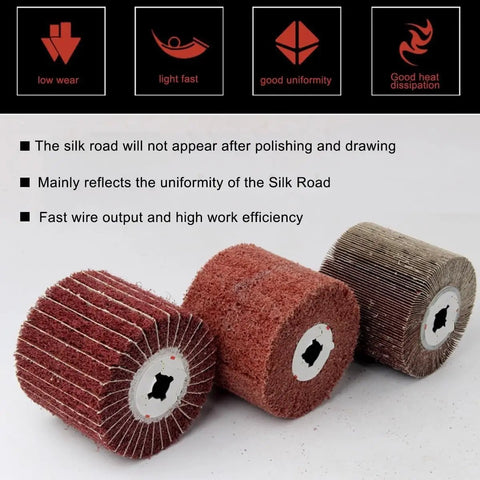 Heavy Duty 3-Pc Nylon Wire Polishing Wheel Set For Metal Grinding With 60 To 320 Grit Abrasive Cloth Pads showing three abrasive wheels.