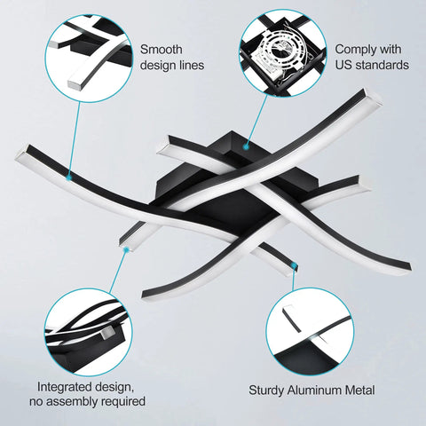 Dope Curved 4 Light Dimmable LED Ceiling Light, 18 Inch Modern Flush Mount Fixture in black with smooth design lines and aluminum metal