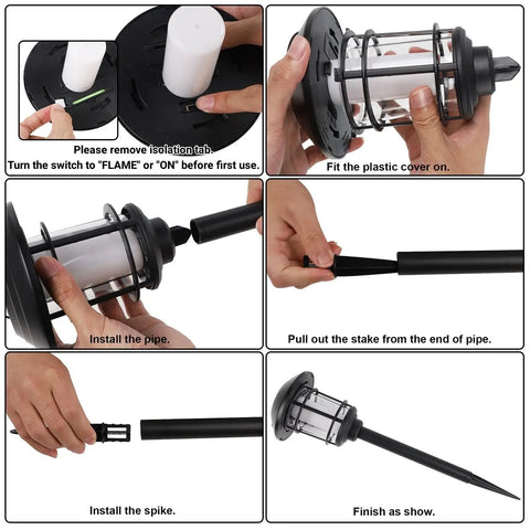 Assembly guide for Six Pack Solar Flame Torch Lights Outdoor Dual Use Flickering Purple Flame Garden Lanterns.