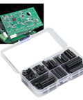 66Pcs Insulated IC Socket Kit 6P To 28P with plastic storage box and PCB board for easy chip mounting and replacement.
