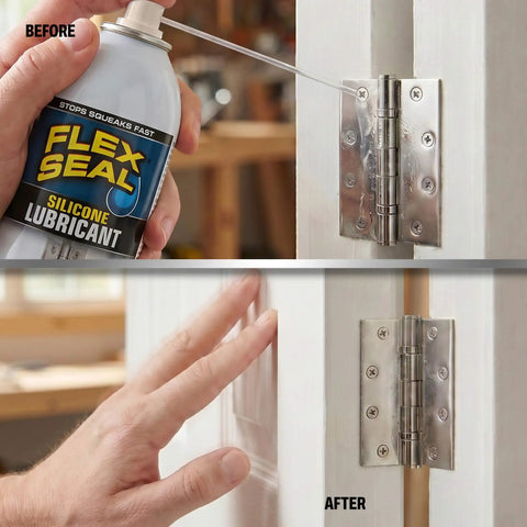 Before and after using Heavy Duty Flex Seal Silicone Spray on a door hinge, showing smooth operation and shiny metal.