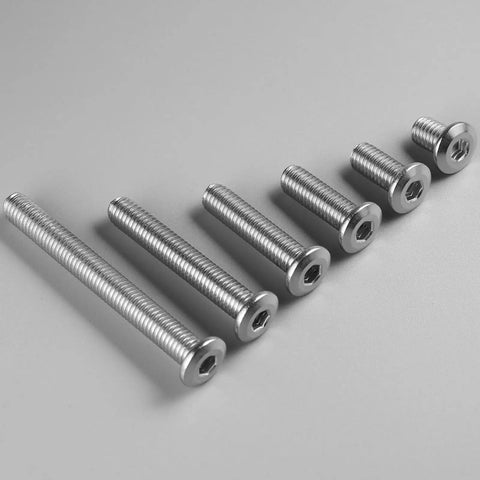 Heavy Duty M6 Flat Head Hex Socket Cap Screws And Bolts 10 Piece Set With Hex Key 304 Stainless Steel in varying lengths.