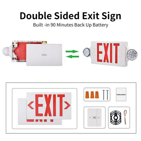 Built Tough Dual Head Emergency Exit Sign With Bright Red Led Lights Adjustable Commercial Backup Battery Plug In Self Test Ul Rated Works Great For Office 6 Pack, showing double-sided design and battery backup.
