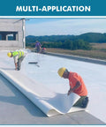 Workers installing Outdoor Waterproof TPO Butyl Sheet Roll For RV And Marine Roof Repair, UV Resistant, Weatherproof Sealant.