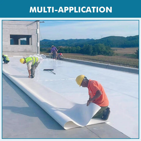 Workers installing Outdoor Waterproof TPO Butyl Sheet Roll For RV And Marine Roof Repair, UV Resistant, Weatherproof Sealant.