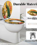 Elongated Peacock Flowing Tail Feathers Peonies Vintage Golden Toilet Seat with resin construction and soft-close hinge.