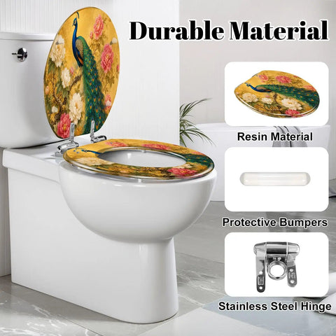 Elongated Peacock Flowing Tail Feathers Peonies Vintage Golden Toilet Seat with resin construction and soft-close hinge.