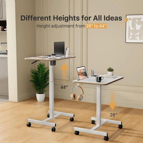 Mobile Standing Desk On Wheels For Home Office Adjustable Height Rolling Laptop Cart With Cup Holder 28 Inch Portable Table White Computer Workstation With Hooks Slots And 4 Lockable Wheels, showing two height settings