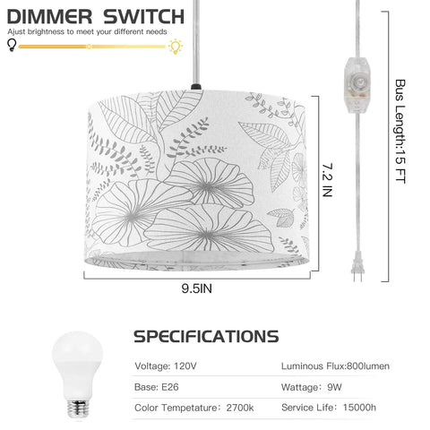 Plug In Pendant Light With Dimmable Switch, floral shade, clear cord with light switch, 15ft length, bulb specs shown