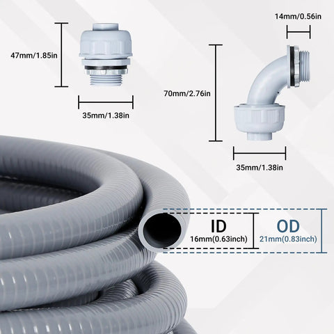 Heavy Duty 1/2 Inch 100 Ft Liquid Tight PVC Electrical Conduit Kit with connectors and measurements, showcasing flexible PVC material.
