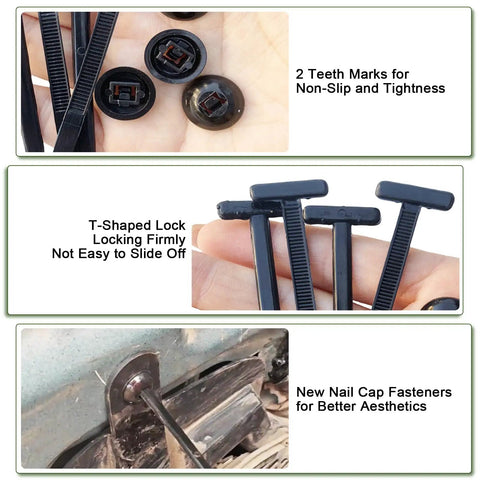 Close-up of heavy duty nylon zip ties with pin and button design, T-shaped lock, and nail cap fasteners for car wiring.