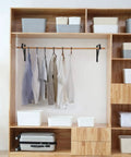 Built Tough Heavy Duty Closet Shelf And Rod Brackets Black Steel Wall Mount Support For Clothes Hanger Poles Premium Metal Storage Solution Go Harder Organization Hack Quick Install Two Pack holding several shirts in organized closet shelving.