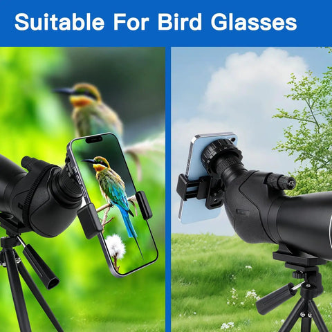 Universal Binocular Phone Adapter with 360-Degree Rotation and Clip Lock Clamp on spotting scope with bird photo display