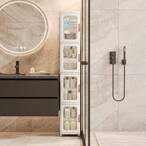 Your Go To Space Saving Slim Tall Storage Cabinet With Doors And Shelves For Bathroom And Kitchen Use Adjustable Shelves Four Tier Linen Closet Organizer Toilet Paper Storage White installed in bathroom
