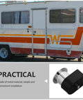 Rugged Push Button RV Lock Latch for cabinets, zinc alloy, easy install, high security for RVs and boats, shown with RV exterior.