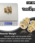 Beefy Brass Bulkhead Fittings 1/4 NPT Female to Female Connector on scale, 2-pack, 3/4-16 UNF Threads
