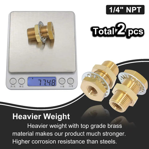 Beefy Brass Bulkhead Fittings 1/4 NPT Female to Female Connector on scale, 2-pack, 3/4-16 UNF Threads