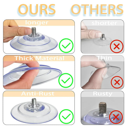 Heavy Duty Suction Cups With M8 Screws 4 Pack comparison image showing thicker, longer, and anti-rust features versus thinner rivals.