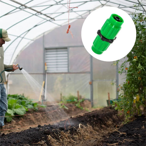 Solid Garden Hose Repair Kit With 20 To 30 Pieces Of Connector Adapters And Pipe Fittings For Leaky Hoses, Features Durable One Piece Construction That Seals Tight to Stop Drips and Keeps Water Flow Smooth All Outside. Green plastic hose connector in greenhouse