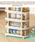 Smooth Rollin Storage Trolley With Four Tier Utility Cart And Covered Plastic Storage Bins, featuring lockable wheels and transparent bins.