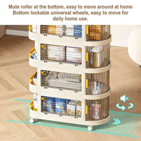 Smooth Rollin Storage Trolley With Four Tier Utility Cart And Covered Plastic Storage Bins, featuring lockable wheels and transparent bins.