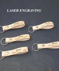 Five engraved one half inch natural vegetable tanned leather keychain blanks, personalized for wedding roles.