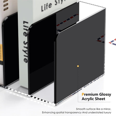 Close-up of Clear Acrylic Desk Organizer with 3 Vertical Compartments, black finish, holding magazines and documents.
