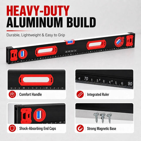 3Pcs level set, 40 60 80 Inch Aluminum Spirit Level, 45 90 180 Degree with shock-absorbing end caps and integrated ruler.