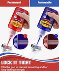 Front view of red and blue thread locker bottles; bolt shows red and blue threadlocker for nuts and bolts.