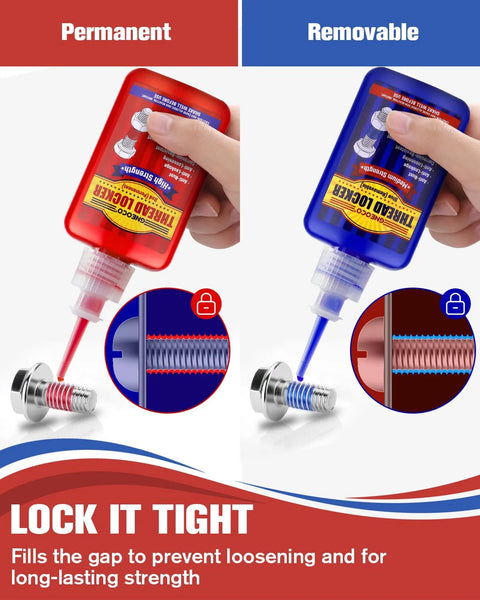 Front view of red and blue thread locker bottles; bolt shows red and blue threadlocker for nuts and bolts.