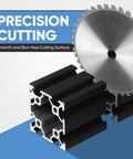 Close-up of European Standard 4040 Aluminum Extrusion V Slot 4 Pack 800mm Length Anodized Black Rail with precision saw blade.