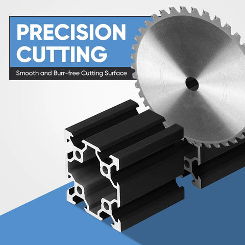 Close-up of European Standard 4040 Aluminum Extrusion V Slot 4 Pack 800mm Length Anodized Black Rail with precision saw blade.