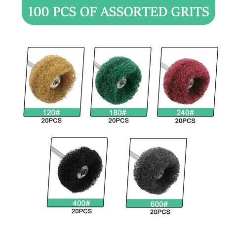 100 Pack Beefed Up Dual Layer Abrasive Polishing Wheels And Knockout Buffing Discs assorted grits in dimensions of 25mm.