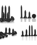 Straight Up Heavy Duty Flat Head Self Tapping Screw Assortment Kit For Wood And Sheet Metal In Black Carbon Steel Nine Sizes One Hundred Pieces Each For Top Shelf Durability featuring various black screws arranged.