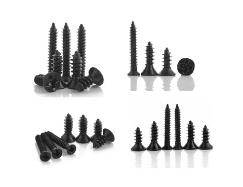 Straight Up Heavy Duty Flat Head Self Tapping Screw Assortment Kit For Wood And Sheet Metal In Black Carbon Steel Nine Sizes One Hundred Pieces Each For Top Shelf Durability featuring various black screws arranged.