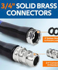 Close-up of heated water hose for RV and campers with ultra low temp protection to minus 45 degrees Fahrenheit showing 3/4 inch connectors.