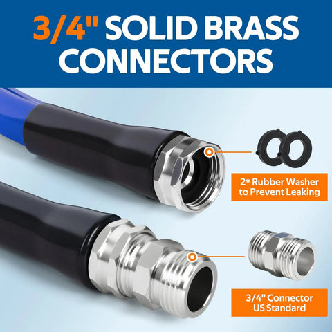 Close-up of heated water hose for RV and campers with ultra low temp protection to minus 45 degrees Fahrenheit showing 3/4 inch connectors.