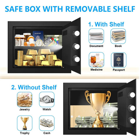 Beefy Steel 1.2 Cub Compact Home Safe With Fireproof And Waterproof Design, showing with and without shelf options for valuables