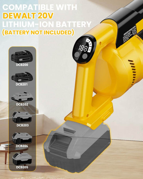 Cordless Vacuum Cleaner For Dewalt 20V Battery Compatible 7 In 1 Lightweight Stick Vacuum With HEPA Filter 350W Brushless Motor 35KPa Suction 3 Modes For Carpet Floor And Car Battery Not Included, shown in yellow color with digital display and battery slot.