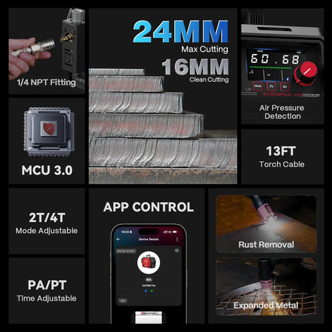 Image showing features of an App Controlled 60Amp Plasma Cutter with Pilot Arc for 120 240V cuts, LED display, 2T 4T modes, MCU 3.0, rust removal.
