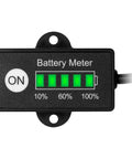 Mini LED Battery Indicator For DC 12/24V Lifepo4 Batteries With Five Column Green LED Gauge Battery Power Monitor For Golf Carts Forklifts And Equipment Auto Recognizes 12V Or 24V And Shows Twenty Percent Increments., black battery meter with five green LED bars and ON button