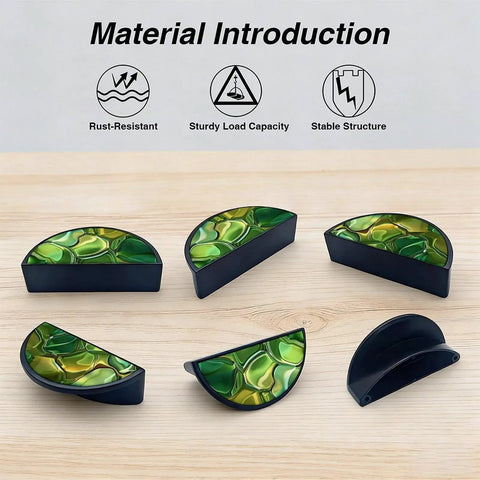 Super Cool 2 Pack Green Gold Fluid Art Cabinet Handles Featuring Customizable High Definition Panels on display with material icons