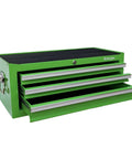 Beefy Three Drawer Portable Metal Tool Chest Built Heavy Duty With Ball Bearing Slides And Central Cam Lock 26 Inch Middle Cabinet Steel Tool Storage Box Organizer In Green, showing open drawers.
