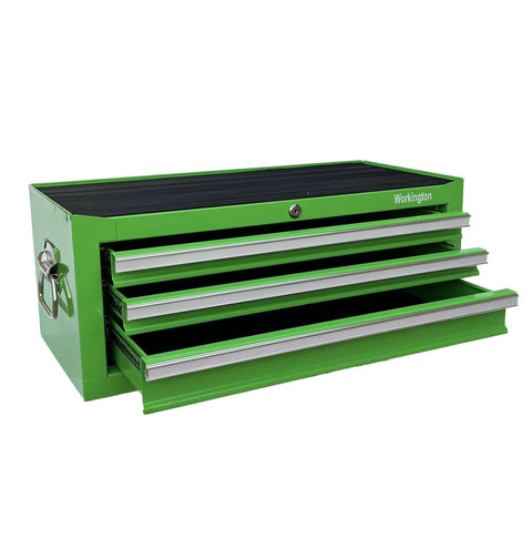 Beefy Three Drawer Portable Metal Tool Chest Built Heavy Duty With Ball Bearing Slides And Central Cam Lock 26 Inch Middle Cabinet Steel Tool Storage Box Organizer In Green, showing open drawers.