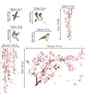 Cherry Blossom Branch Wall Stickers With Pink Flowers And Birds For Bedroom Living Room TV Wall Decor Waterproof Peel And Stick Vinyl Decals For Smooth Surfaces Easy Removable And Reusable Home Accent, showing decal dimensions and designs with birds and cherry blossoms.