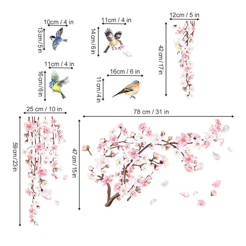 Cherry Blossom Branch Wall Stickers With Pink Flowers And Birds For Bedroom Living Room TV Wall Decor Waterproof Peel And Stick Vinyl Decals For Smooth Surfaces Easy Removable And Reusable Home Accent, showing decal dimensions and designs with birds and cherry blossoms.